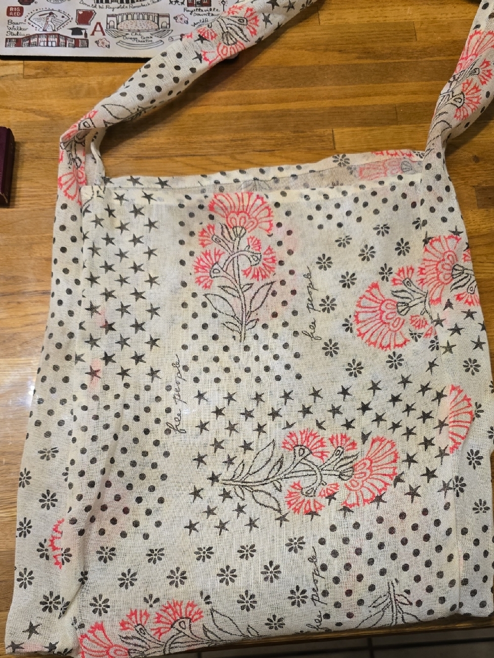 FREE PEOPLE Floral Polka Dot Canvas Tote Bag - Cream with Coral & Black
